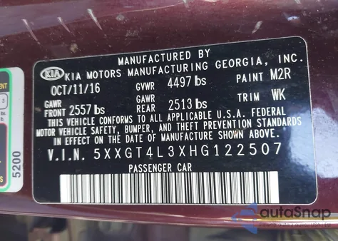 2017 Kia Optima Lx z USA, uszkodzony, nr VIN 5XXGT4L3XHG122507